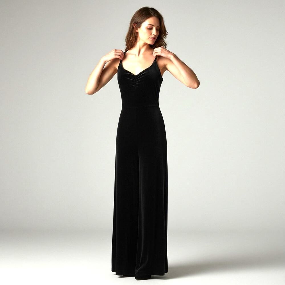 LEO'S NWT Black Velvet Stretchy Racer Back Wide Leg Jumpsuit   Clubwear Goth